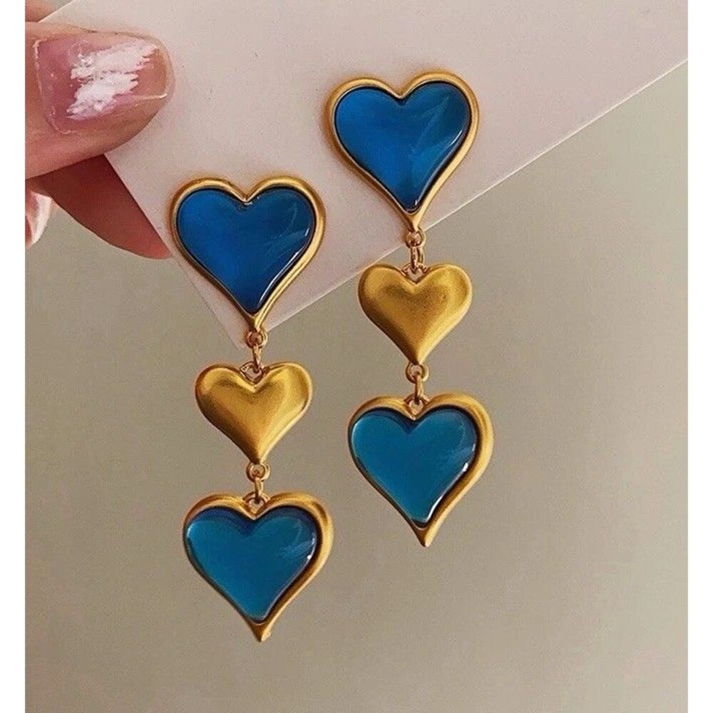 Blue & Gold Tone Enamel Heart Dangle/Drop Earrings Love Theme Post Closure